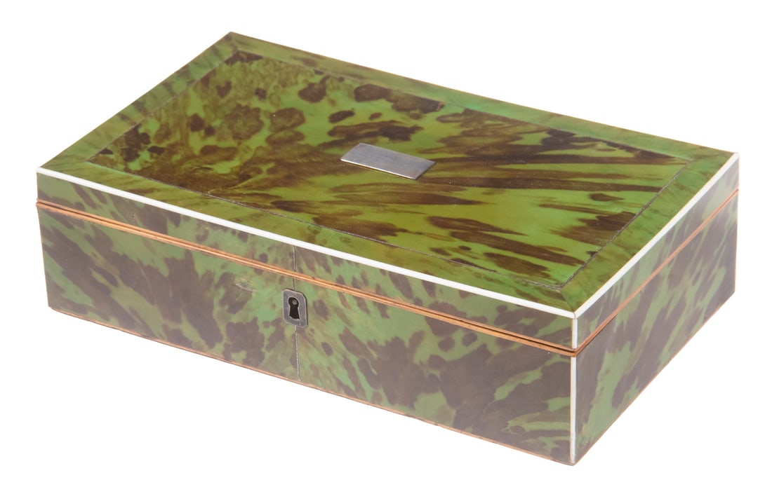 RARE GREEN TORTOISESHELL SEWING BOX: 19th c. Rectangular Work Box, having a green tortoiseshell exterior surface with bone inlaid edging, silver lid cartouche and escutcheon, silk lined fitted interior with multiple divided sections and 