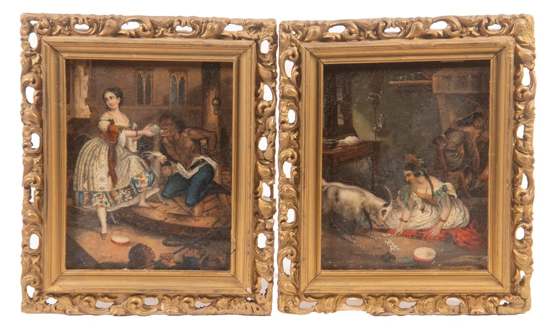 PR OF UNSIGNED MINIATURE OILS OF SCENES FROM "THE HUNCHBACK OF NOTRE DAME", CA 1860 (1 of 4)
