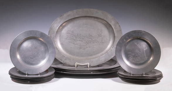 18TH C. ENGLISH PEWTER PLATES & PLATTERS BY ROBERT NICHOLSON: (20) Pieces of Early Georgian Pewter, by London pewterer Robert Nicholson (1687-1732), ca. 1715, each later impressed with a fox hunting scene (resembling images created by Henry Thomas Alken), incl: