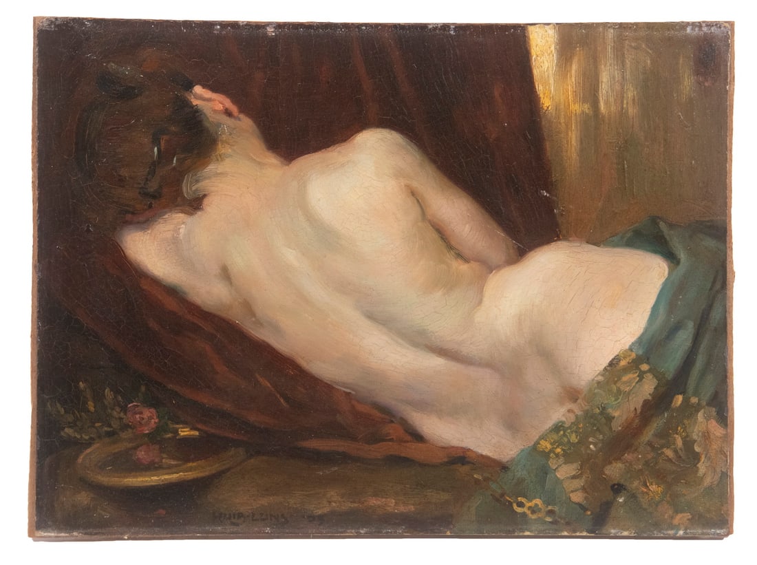 HUBERT MARIE HUIB-LUNS (NETHERLANDS/FRANCE, 1881-1942): Female Nude Viewed from Behind, reclining in bed with hand mirror and rose, oil on academy board laid to thin panel, signed lower left and dated 1905, remnant of early exhibition label verso. Unframed