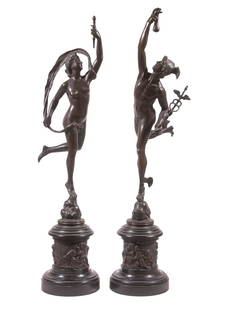 PR OF BRONZE SCULPTURE AFTER GIAMBOLOGNA (ITALY/FRANCE, 1529-1608): Grand Tour Era "Mercury & Diana," from the originals created in 1580 for Ferdinando de' Medici intended as sculptural accents for fountains in the Villa Medici in Rome, but moved in 1780 to the Uffizi