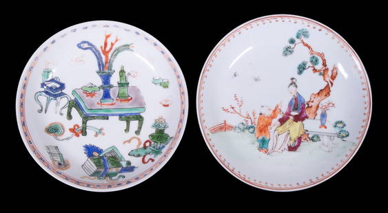 CHINESE KANGXI PERIOD PORCELAIN SAUCERS: Lot of (2)17th - 18th c. Small Dishes, incl: Famille verte saucer with painted scholar's table decoration, base with underglaze blue artemisia leaf mark, also with affixed metallic paper label from H.