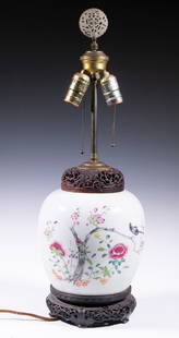 CHINESE PORCELAIN TABLE LAMP: 19th c. Famille Rose Porcelain Ginger Jar, as an electric lamp, with reticulated wooden top and base, two socket fixture with chain pulls, hardstone finial, cloth covered cord, 24" high, 8" diam. Hair