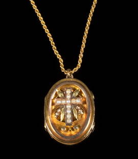 VICTORIAN GOLD LOCKET ON CHAIN: Ca 1890 14K Yellow Gold Rope Chain, with (4) freshwater pearl spacers and oval locket with applied cross set with (11) small pearls, chain: 22", locket: 1 3/4" x 1", 11.1 dwt.