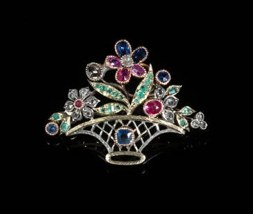 VICTORIAN GEMSET PENDANT BROOCH: Ca. 1860 Yellow Gold Flower Basket Design Pin, set with (4) Euro cut diamonds, (5) rubies, (5) sapphires, and (18) emeralds, with affixed loop for use as a pendant, 1 1/4" x 1 3/4", 5.5 dwt.