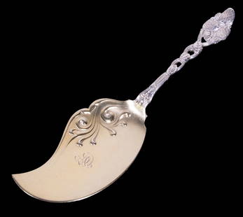 TIFFANY & CO. "STRAWBERRY VINE" ICE CREAM SERVER: Sterling Silver Ice Cream Serving Utensil by Tiffany & Co., Strawberry Vine pattern, with pierced handle, repousse bowl, engraved monogram, 11 3/8" long, 5.78 ozt.