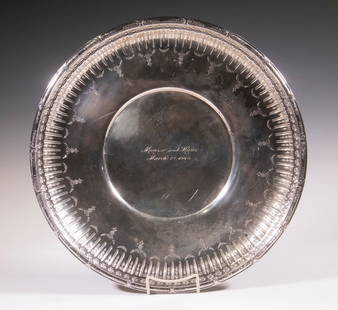 GORHAM STERLING TRAY: Vintage "Marie Antoinette" Pattern Circular Silver Tray, by Gorham, model 497, engraved presentation to top surface, 16 1/4" diam., 38.22 ozt. Surface scratches.