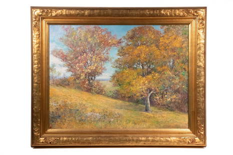 FRANK LOUVILLE BOWIE, (ME, 1857-1936): Autumn Pastoral Landscape, Post-Impressionist, oil on canvas, signed lower right, in a fine handcarved gilt matched corner Arts & Crafts frame, OS: 23 1/2" x 29 1/2", SS: 17 1/2" x 23 1/2".