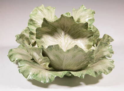 VLADIMIR FOR CHRISTIAN DIOR CABBAGE FORM TUREEN: Naturalistically Designed Ceramic 3-Piece Serving Dish, by sculptor Vladimir Kanevsky (Russia/US, 1951- ) for Dior, including lid, bowl and underplate, signed on inside rim of lid, 8" high, 14" diam.