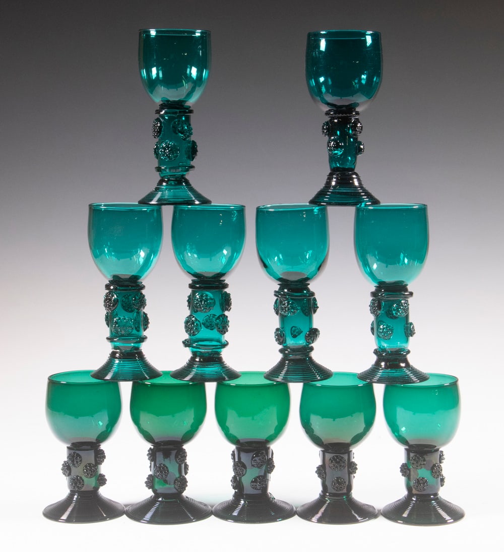 BRISTOL GREEN ROEMER WINE GLASSES: Group of (11) Pieces of English 19th Blown Glass Stemware, each having a stem with raised raspberry prints and foot with concentric lines, incl: Set of (6) taller glasses, 5 1/2" high, 2 1/4" diam.; a