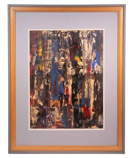 JEAN-PAUL RIOPELLE (CANADA, 1923-2002): Untitled, a mixed media expressionist abstract on board, ca. 1950-60, signed lower let, in maple stepped frame with grey rim, matted, OS: 35 1/2" x 28", SS: 23 1/2" x 17 1/2".