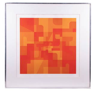 NORMAN IVES (CT, 1923-1978): Untitled, Op Art Serigraph in red and orange, pencil signed, marked as "Artist proof, 7/10, 1967". In chrome casement frame, matted under plexiglass, OS: 27 1/2" square, image size: 18" square.