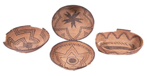 (4) NORTHWEST NATIVE AMERICAN BASKETS: Ca. 1900 Pomo or Nomlaki Indian basketry bowls with typical geometric designs, hand woven coil built with sedge root and bulrush, grass and bearclaw, 10 1/2" to 11" diam & one 12" x 9" oval, three