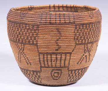 LATE 19TH C. APACHE BASKET: Jicarilla Grain Basket, Northern New Mexico, covered with symbology, 7 1/2" x 9 1/2" diam.