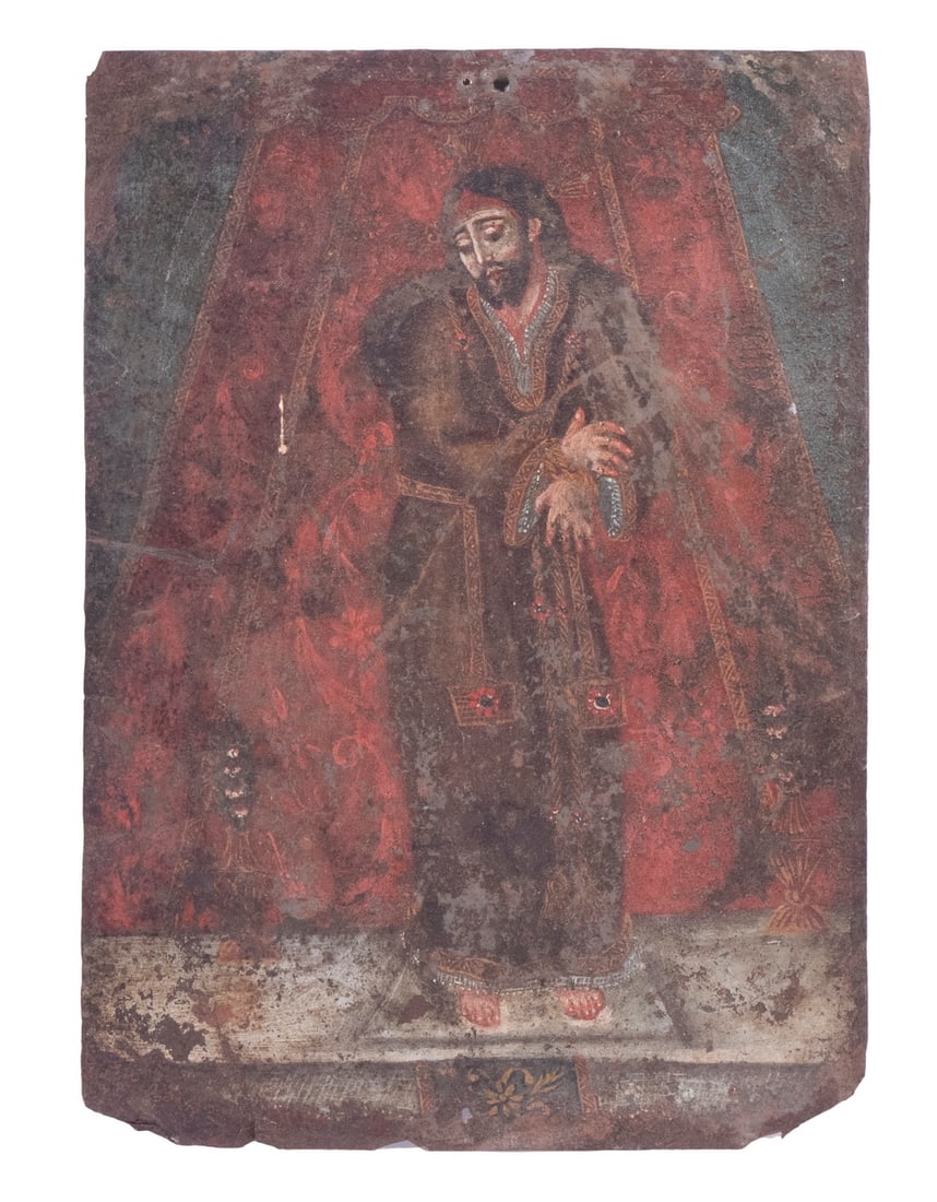MEXICAN RETABLO: Full Length Portrait of a Priest being martyred on a flaming pyre, oil on tin, unsigned, unframed, 13 1/2" x 10", clipped lower corners, nail holes top and bottom center.