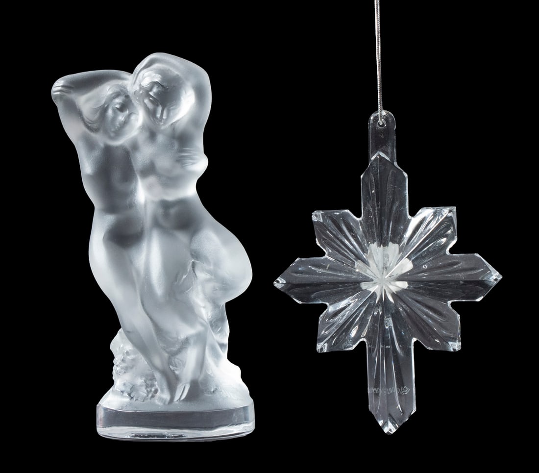 (2 PCS) ART GLASS - LALIQUE & WATERFORD: Including: Lalique frosted glass "Le Faune" figurine, depicting two dancing nudes, etch signed "Lalique France" and with original foil label affixed to base, 5 1/2" high; and Waterford Holiday star fo