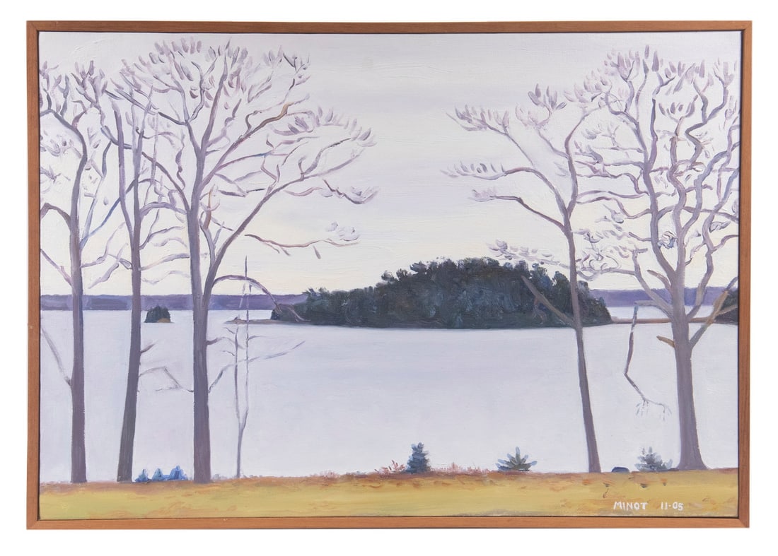 SAM MINOT (MAINE, 1962 - ): "Oak Shoreline, Sorrento", oil on canvas, signed lower right and dated 11-05, also signed, titled and dated verso, in slat frame, 16 1/2" x 23 1/2", SS: 16" x 23".