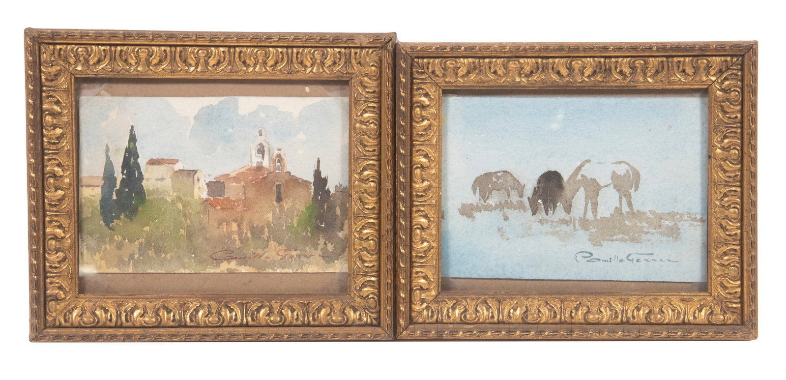CAMILLE-JEAN-BAPTISTE GERRER (FRANCE, 1858-1943): (2) Small watercolors, both signed, probably from a sketchbook, including: Church at Valensole Village. Alpes de Haute Provence & Three Horses in a Field, in matching gold gesso frames, floated over b
