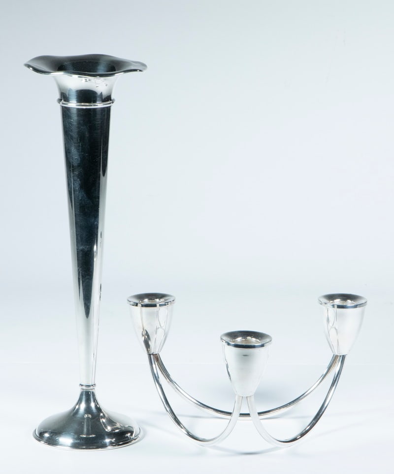 (2 PCS) SILVER - TRIPLE CANDLE HOLDER & TRUMPET VASE: Lot of (2) Mid-20th c. Sterling Silver Accessories, both weighted, incl: Duchin Art Moderne triple socket candle holder, 4" high, 7 3/4" x 7 3/4", tiny rim dents; and Whiting trumpet vase, with ruffle