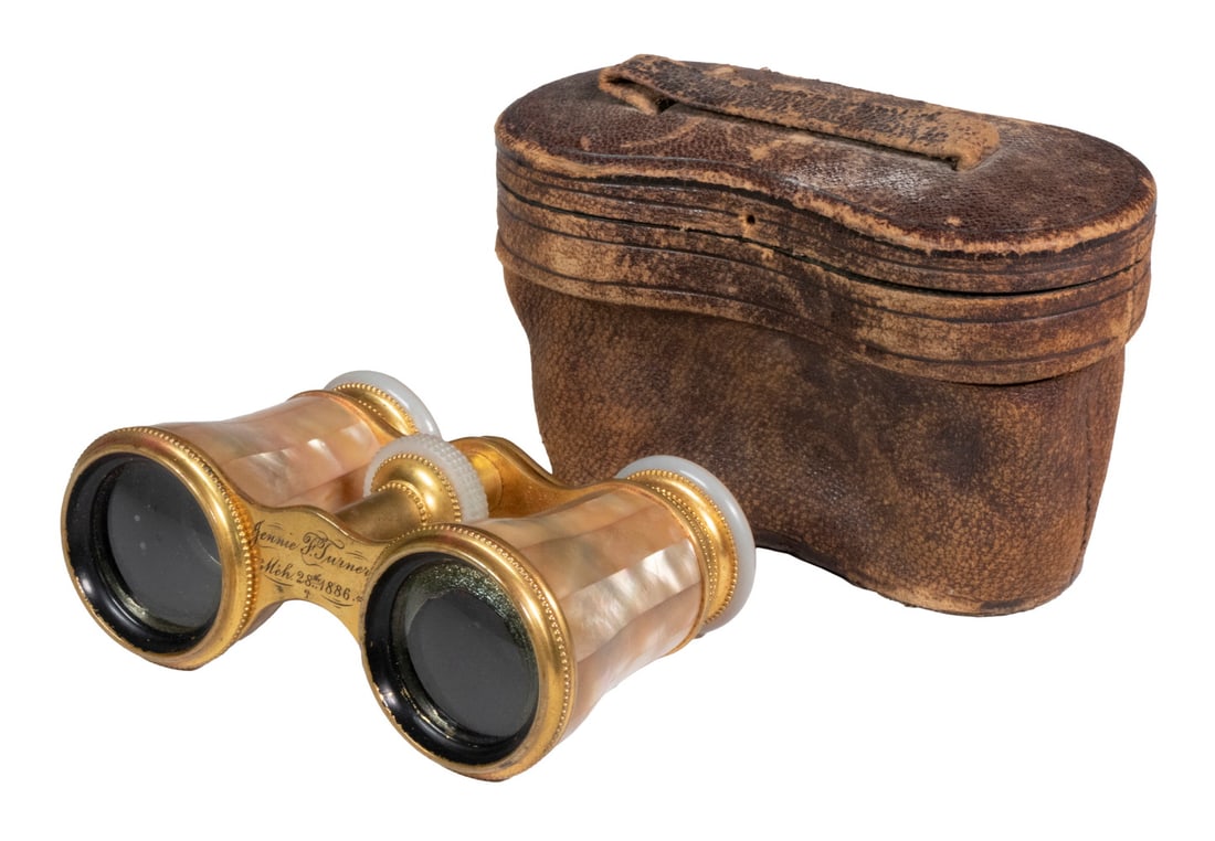 CASED PAIR OF FRENCH OPERA GLASSES: Late 19th c. Lemaire Opera Glasses, in gilded brass with mother-of-pearl, with LeMaire's bee maker's mark stamped on the frame, front engraved "Jennie F. Turner, Mch 28, 1886", in original satin lined