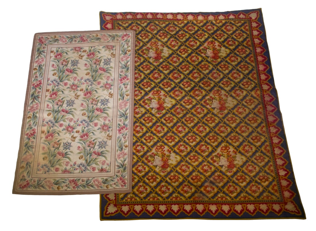 (2) MACHINE MADE NEEDLEPOINT RUGS: Late 19th c. Petit Point, the smaller in buff with pink blossoms, tan striping & banded edge, 35" x 57", minor moth damage; PLUS Diamond Pattern with red roses on tan background framed by ochre and da