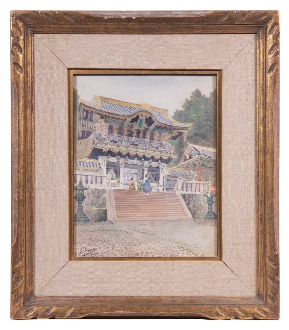 S SUZUKI (JAPAN, LATE 19TH - EARLY 20TH C.): Toshogu Shrine, watercolor on paper, signed lower left, marked Nikko, in handcarved gold frame, linen mat with gold lip under glass, OS: 16" x 14", SS: 9 1/2" x 7 1/2", good condition.
