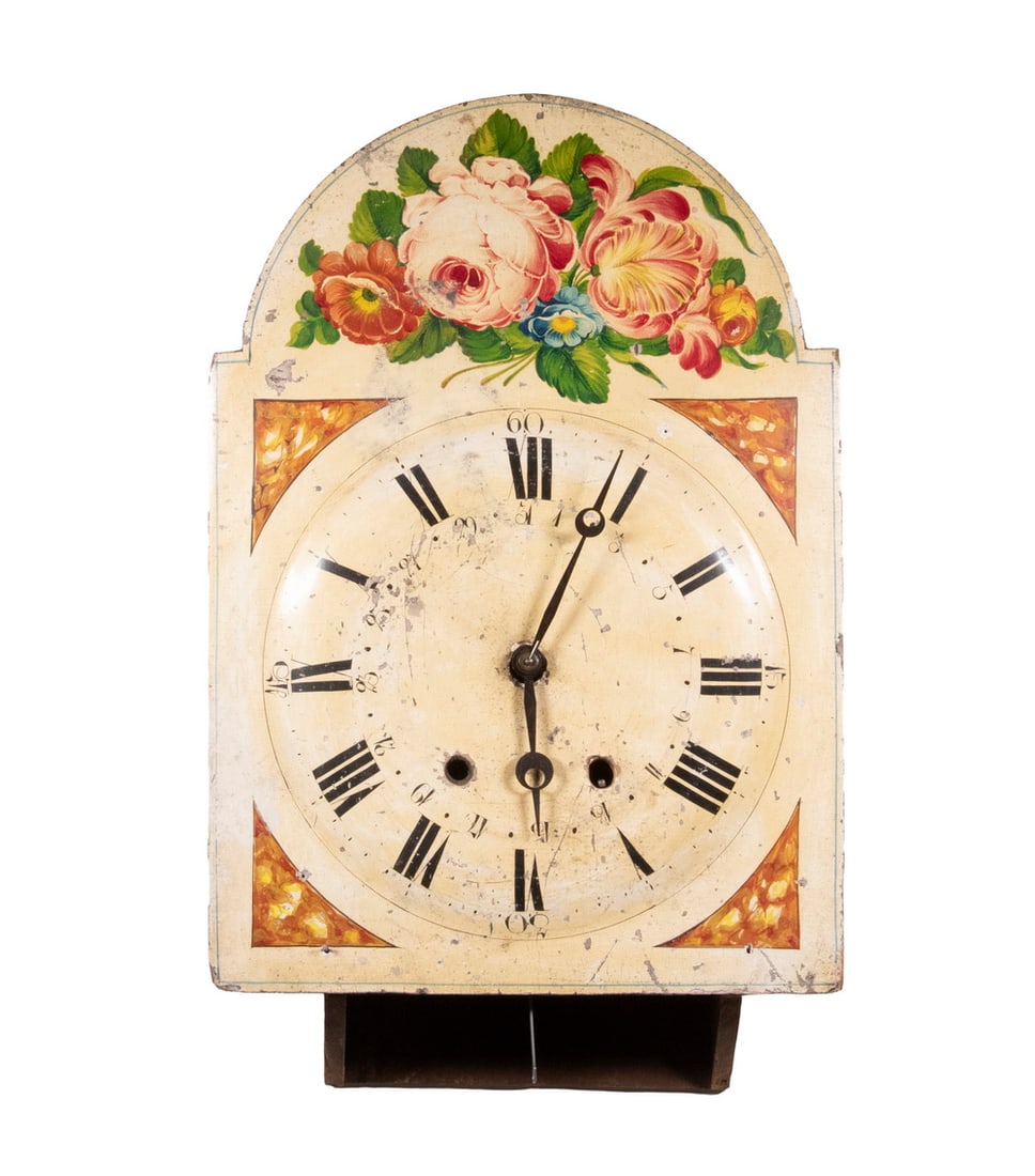 PENNSYLVANIA DUTCH WALL CLOCK WITH CABBAGE ROSE DECORATION: Wall Hanging Caseless Clock with brass works, domed painted dial, later brass pendulum and cylindrical hollow brass weights. 18" x 13" x 4 1/2", not observed running.