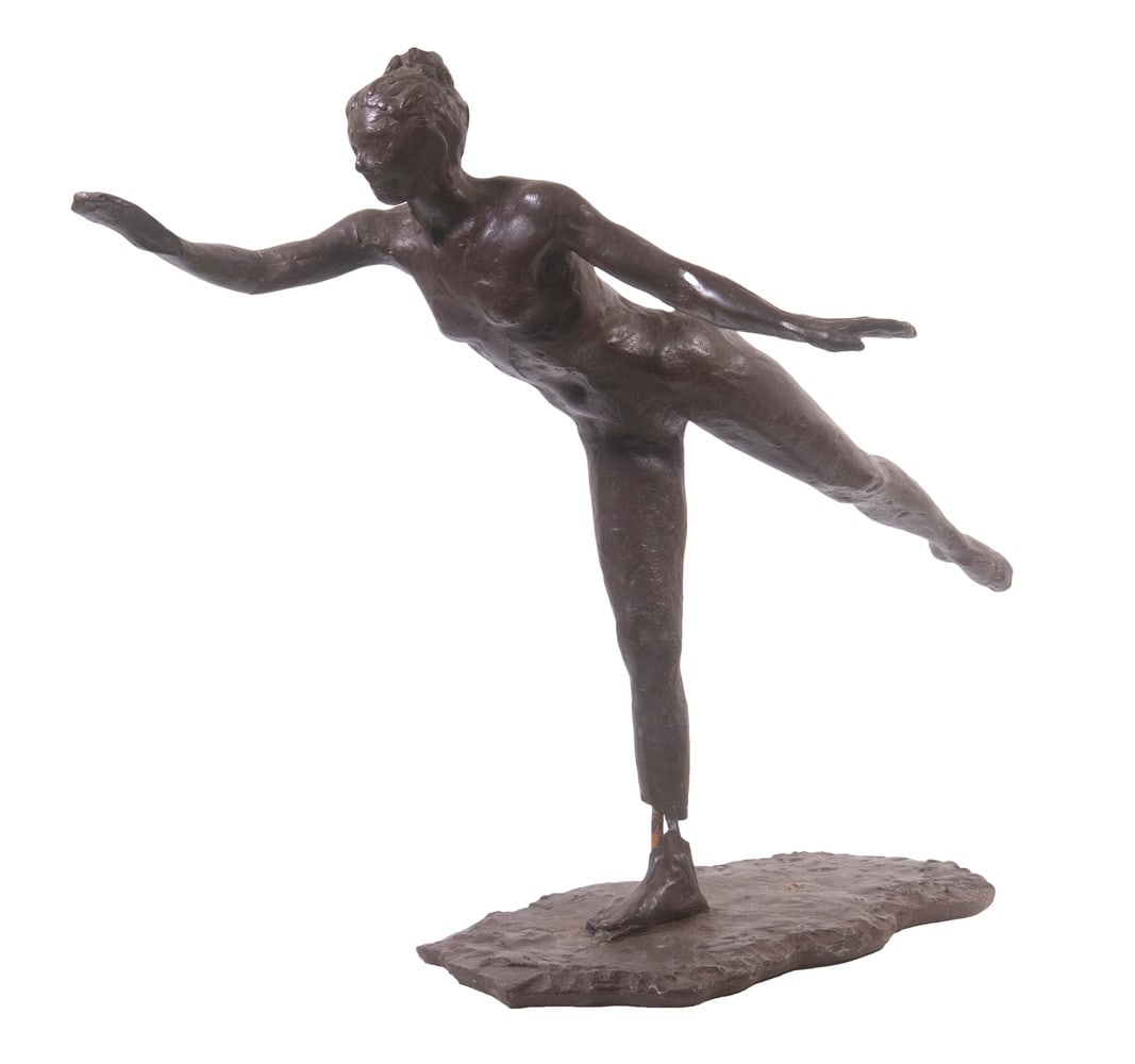 AFTER EDGAR DEGAS (FRANCE, 1834-1917): "Prima Ballerina" (nude), caste resin in a bronze finish, roughly 18" x 24" x 11", ankle broken. She still stands. Also cracked at shoulder and elbow.