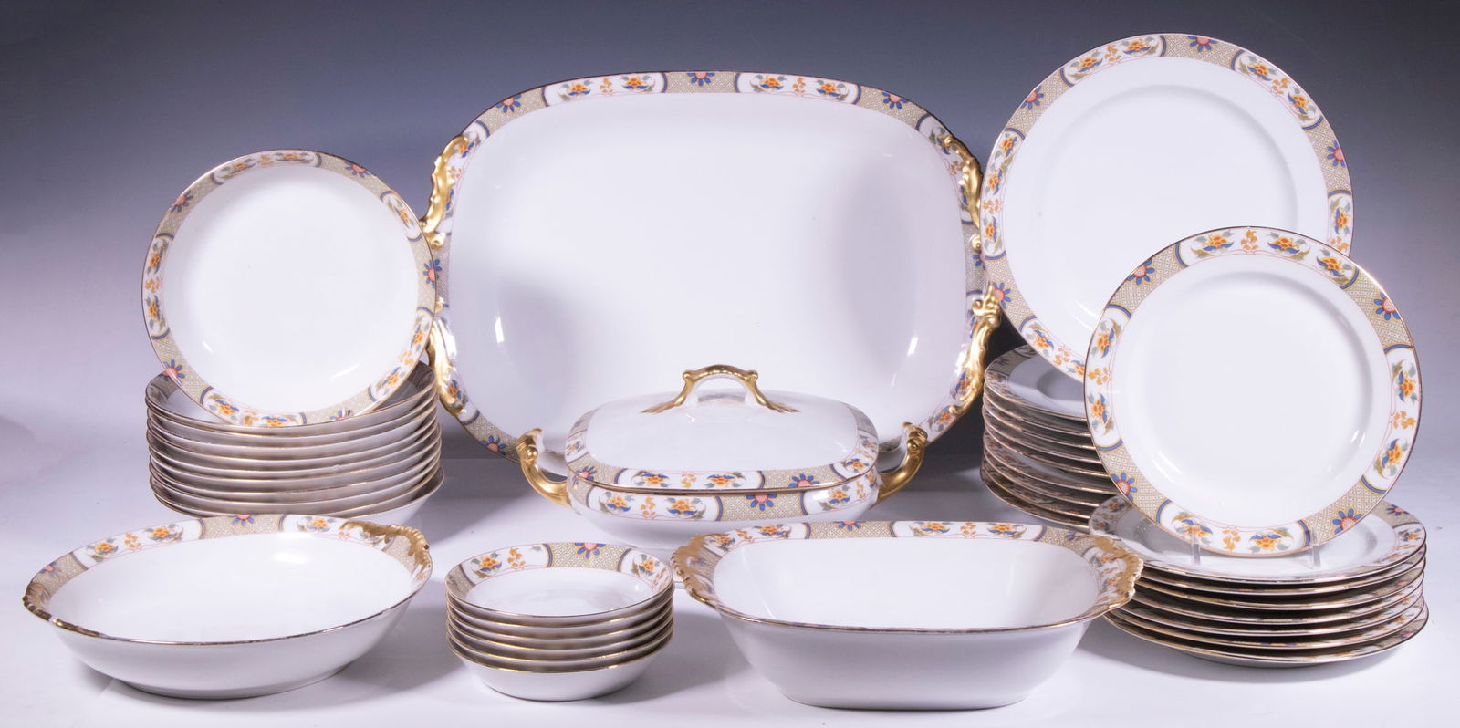 VINTAGE LIMOGES FINE CHINA DINNERWARE SET: (39)-Piece Partial French Porcelain Dinner Service, with gilt rims, incl: (10) Dinner plates, 9 5/8" diam.; (8) Salad plates, 7 1/2" diam.; (11) Bowls, 7 3/8" diam.; (6) Small bowls, 5 1/8" diam.; (1)