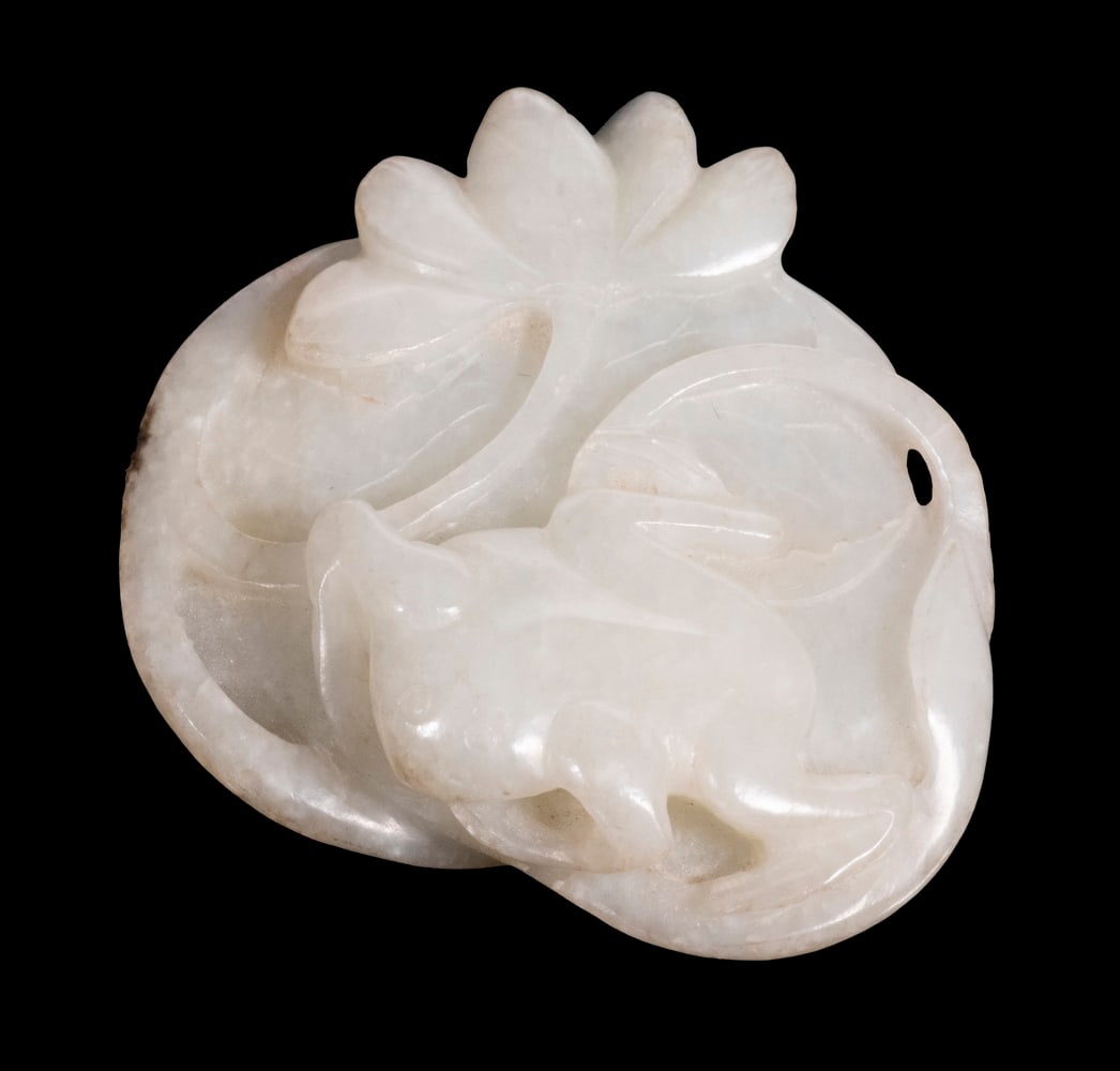 CHINESE HARDSTONE CARVING: Celadon Jade Carving, depicting a frog on a lily pad, 2" x 2" x 1/2". Good condition.