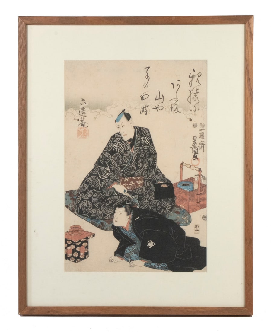 UTAGAWA KUNISADA / TOYOKUNI III (JAPAN, 1786-1865): Man Threatening Wife with Knife, signed with seal, inscribed, in teak slat frame, matted and glazed, OS: 19" x 14 3/4", SS: 13 1/4" x 9", not examined out of frame.