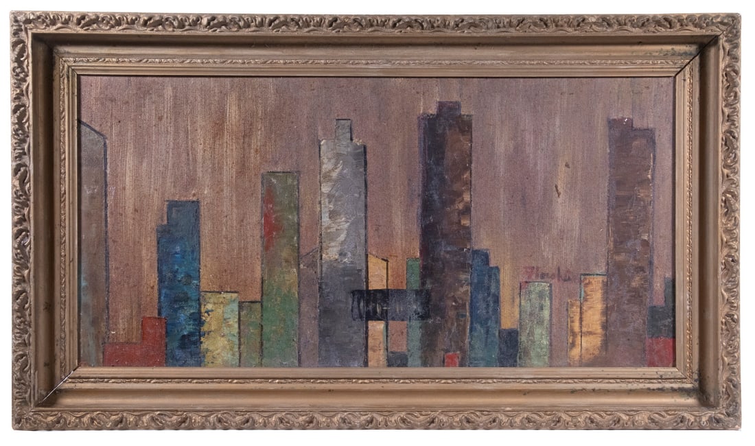 RICHARD FLORSHEIM (IL, 1916-1989): "City Lights", oil on masonite, signed center right, in gold painted gesso cove frame, OS: 24 1/2" x 42 1/2", SS: 17 1/2" x 35 1/2", needs cleaning.
