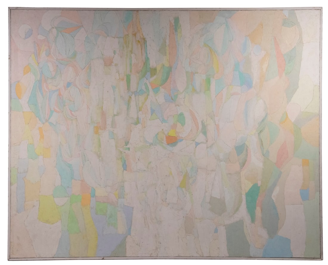 POLLY NORTON FINK (IL/ME, 1924-2012): Monumental Pastel Abstract with Anthropomorphic Forms, oil on canvas, unsigned but directly removed from her studio, depicting figures in a studio, in white slat frame, 58" x 72 1/4", overall fine cra