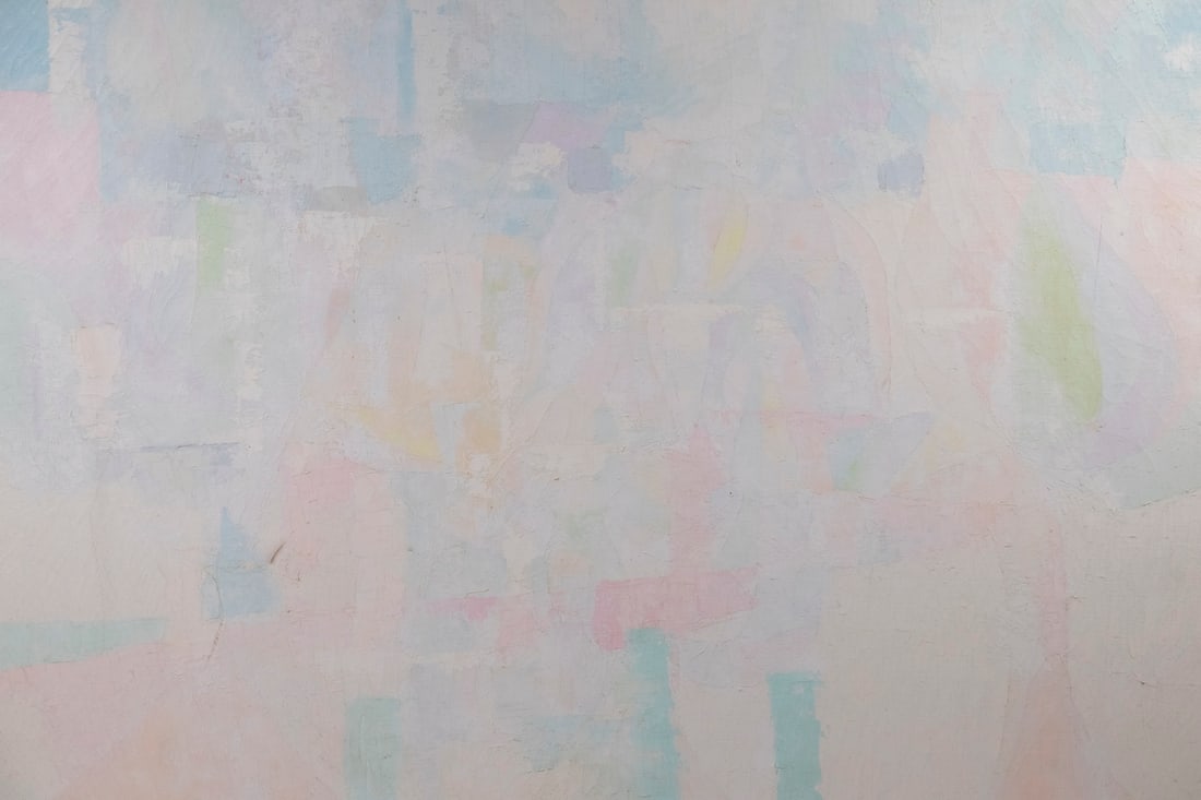 POLLY NORTON FINK (IL/ME, 1924-2012): Monumental Pastel Abstract with Anthropomorphic Forms, oil on canvas, unsigned but directly removed from her studio, depicting figures in a studio, unframed, 48 1/4" x 69 1/2", overall fine craquelure