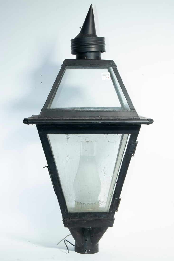 OUTDOOR CARRRIAGE HOUSE STYLE POLE LAMP, ELECTRIC: Painted Metal Square lantern with canted sides, gabled top, having a witches hat vent cap, single electric socket with brass holder for frosted chimney, 32" x 15" x 15", takes 3" pole (not included).