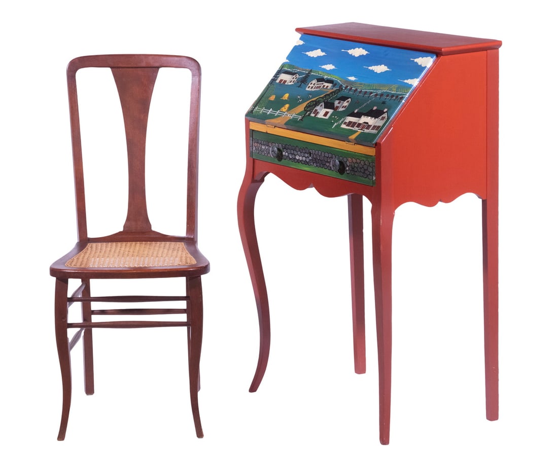 FOLK ART PAINTED DESK BY PHYLLIS CICORA DUFFY, PLUS CANED SEAT CHAIR (1 of 6)