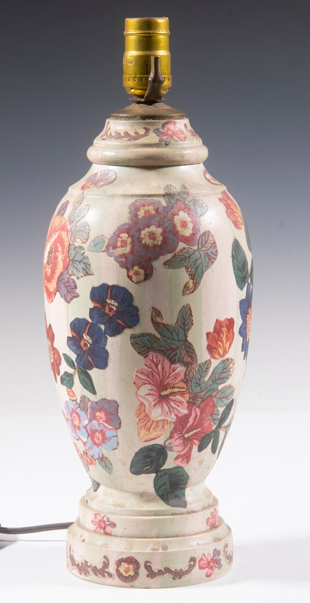 FABRIC DECOUPAGE TABLE LAMP: Floral collage from summer chintz fabric, done over a pottery baluster vase, single socket, 16" tall, 5 1/2" diam.