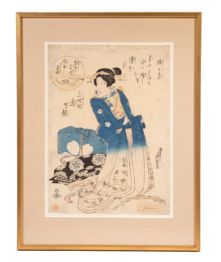 KESAI EISEN (JAPAN, 1790-1848): Portrait of a Geisha from "Yoshiwara Beauties", depicting a single woman in a blue robe, in gilt stick frame, floated within mat under glass, OS: 19 1/2" x 15", SS: 14" x 10". Trimmed, soiled, clipped