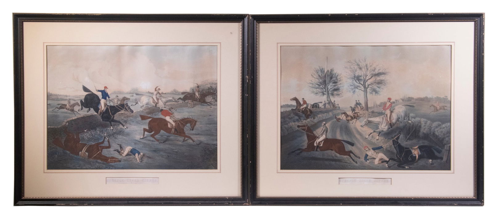HENRY THOMAS ALKEN (UK, 1785-1851): (2) of (4) "Steeplechase Scenes": "In and Out of the Lane" & "The Warren Wall", hand colored lithographs, in black and gold molded frames, under French-ruled mats with window for title, glazed, OS: 23
