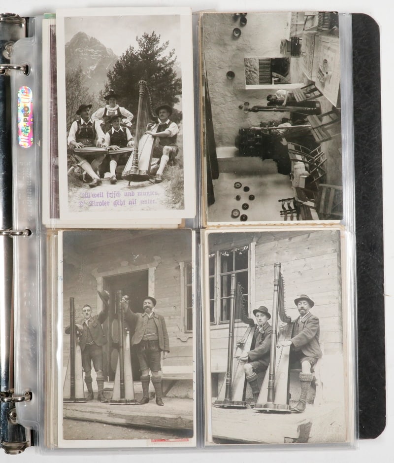 BINDER (88) HARP THEMED POSTCARDS: RPPC & Litho postcards of musicians in groups featuring harps, from Austria, Hungary, Mexico, Ecuador, Abissinia, WWI British and Scottish Army units, Italy, US (several cities), others, some private