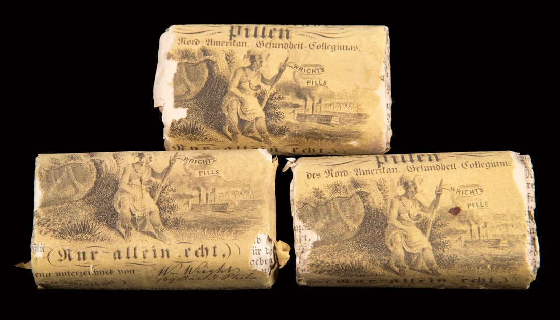 (3) CIRCA 1880 WRIGHT"S INDIAN VEGETABLE PILLS PACKETS IN GERMAN W/ TAX STAMPS: Recommended as a laxative treatment for disorders of stomach, liver, and bowels. Wright's Indian Vegetable Pill Company, Inc. With United States RS274P4 stamps. Printed paper wrap around tiny wooden b