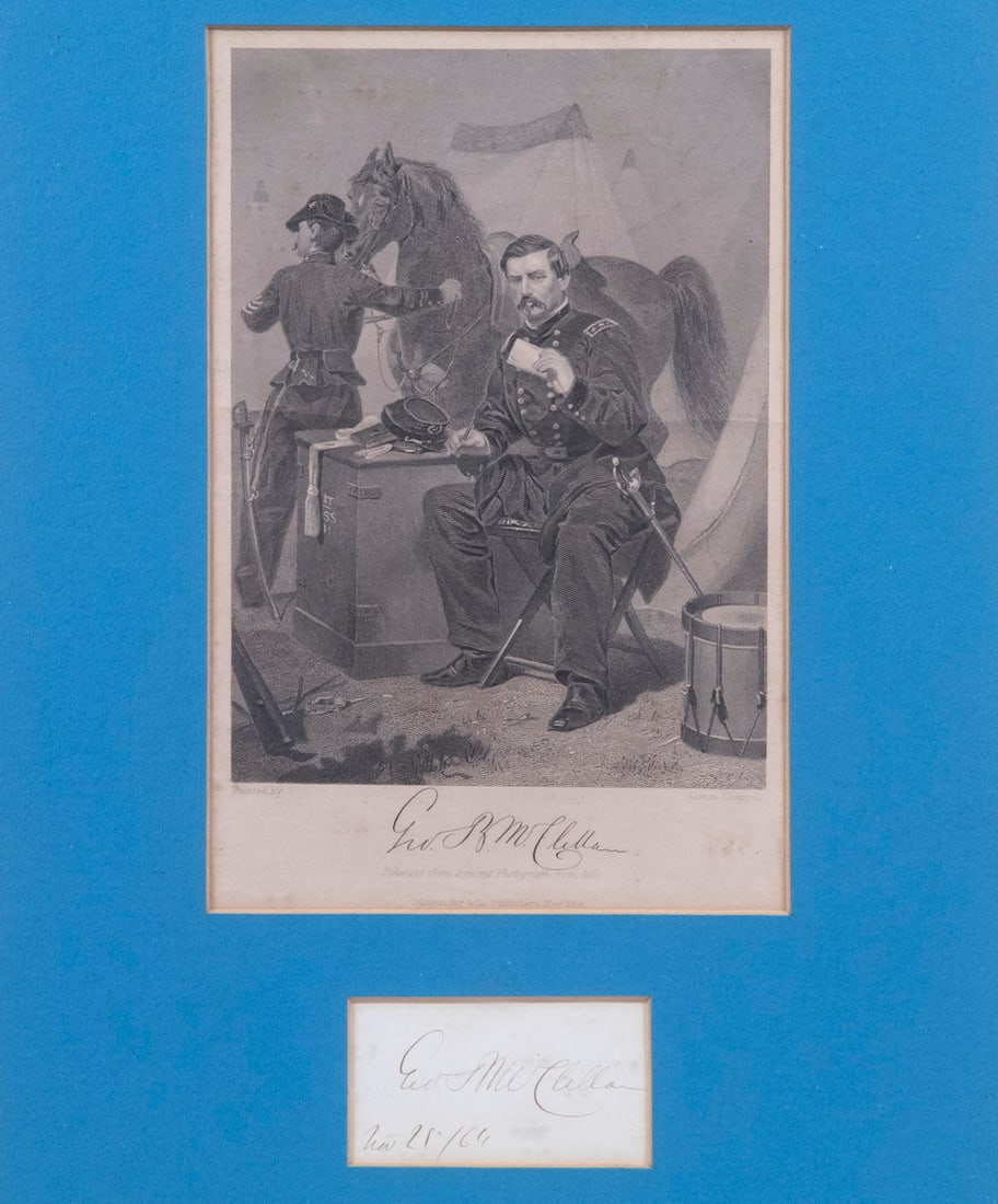 FRAMED STEEL ENGRAVING & CARD SIGNED BY GEN. GEORGE MCCLELLAN, 1864 (1 of 4)