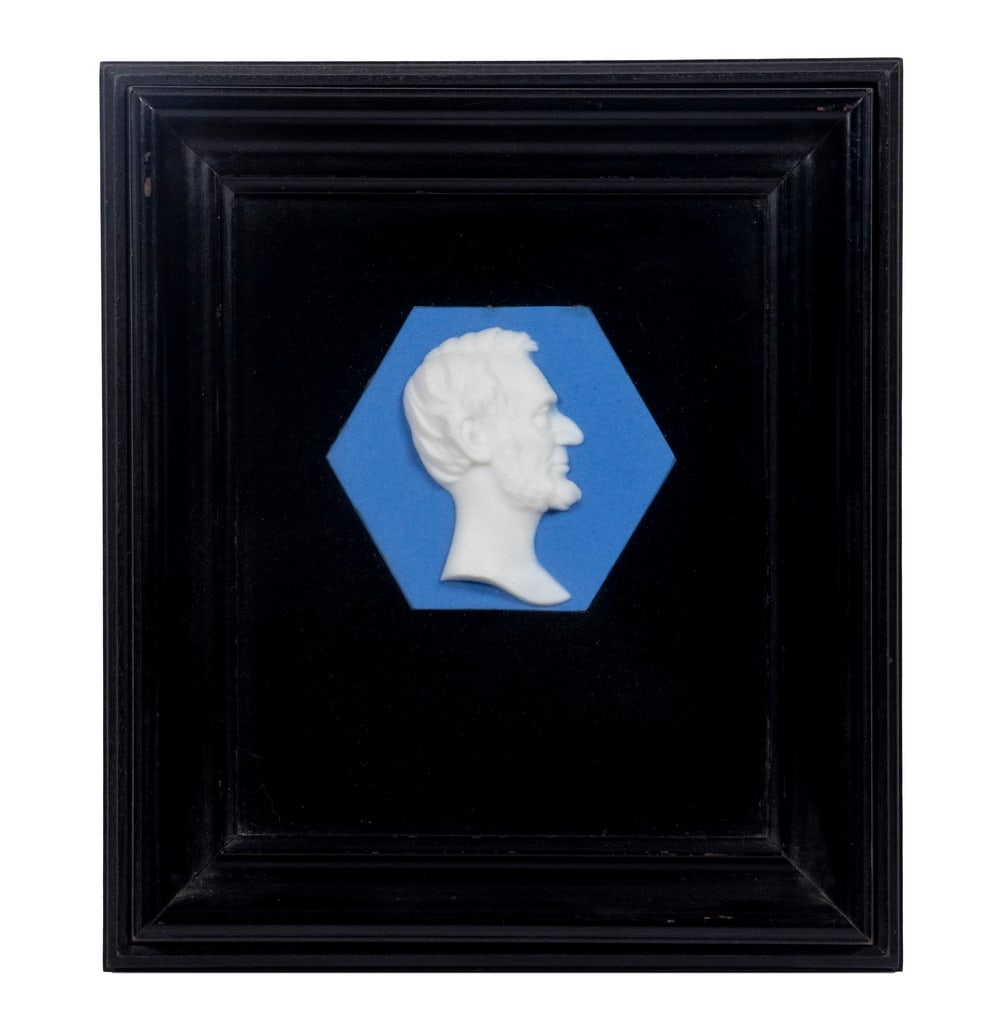 BLUE JASPERWARE PLAQUE OF LINCOLN, FRAMED, LTD ED MOSAIC TILE COMPANY OF ZANESVILLE OHIO (1 of 3)