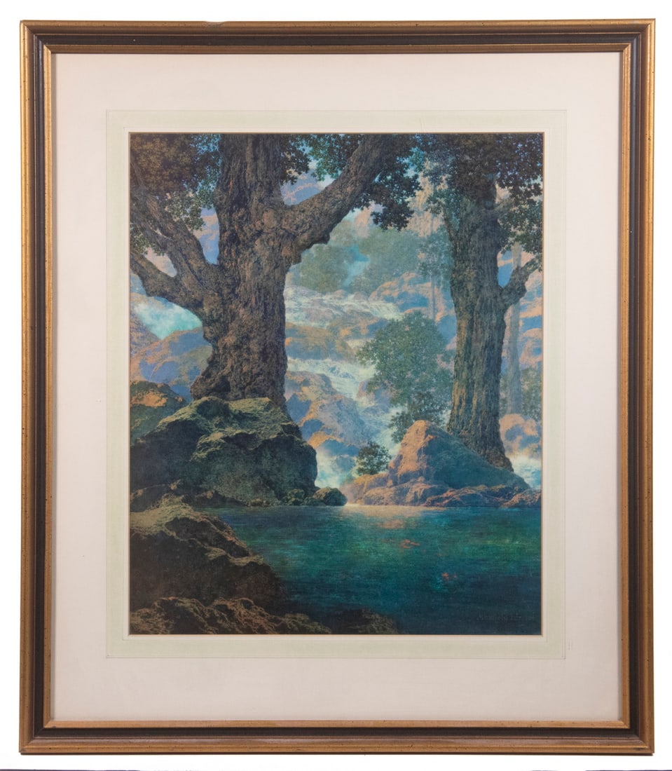ADVERTISING CALENDAR TOP BY MAXFIELD PARRISH (NH, 1870-1966): Brown & Bigelow Large Calendar Top, 1962, based on work titled "Quiet Solitude" by Parrish, depicting two ancient trees and waterfall, tintogravure, signed lower right in print, housed in gold and bla