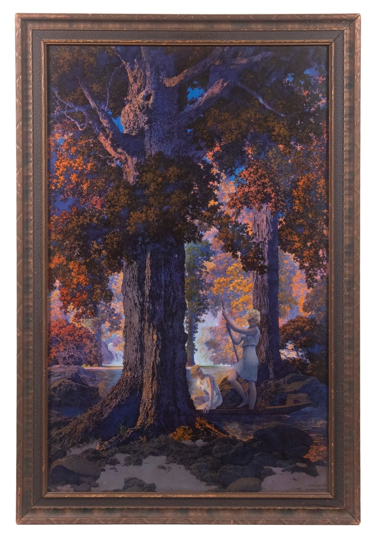 1927 ADVERTISING CALENDAR TOP BY MAXFIELD PARRISH (NH, 1870-1966): "Golden Hours" ("Only God Can Make a Tree"), Edison Mazda Large Calendar Top, 1927, tintogravure, artist's name and date lower right in print, housed in the original gold and black ripple cove frame,