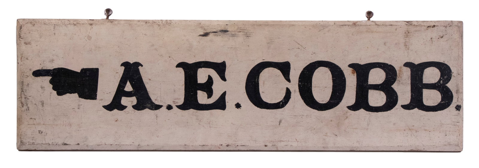 PAINTED WOODEN 'A.E.COBB' SIGN: Painted pine, double-sided, circa 1900, probably Maine, possibly Dr. A.E. Cobb of Westbrook, graduate of Medical School of Maine, Bowdoin College, 1895. Exterior use. 8" x 28".