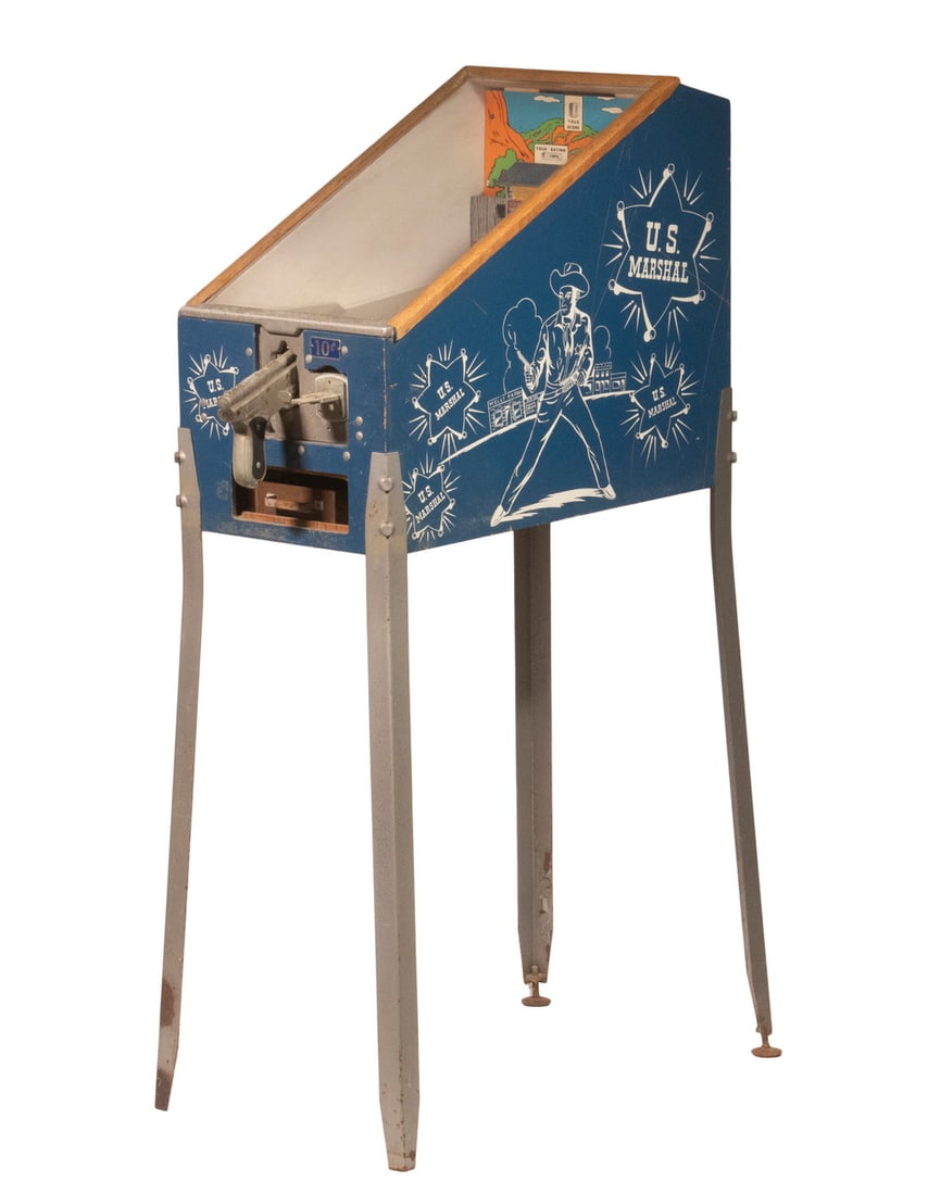 1950'S "US MARSHAL" 10C ARCADE GAME BY J.F. FRANTZ: Vintage U.S. Marshal Shooting Game Coin Op Arcade 1950s not electric, with facade of the "Silver Dollar Saloon". Blue and silver paint scheme. Pistol intact but with some corrosion. Raised on plated s