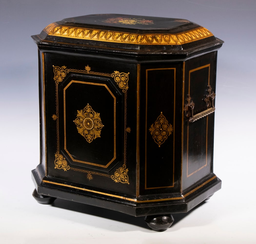 TOLE PAINTED COAL BIN WITH LINER: 19th c. Black Painted and Gilded Metal Coal Scuttle, stenciled decoration with domed and hinged lid, canted corners, hinged side handles, removable liner, set on bun feet, 18 1/2" high, 18" x 14 1/2".
