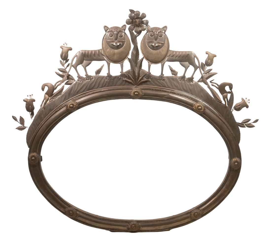 FIGURAL METAL MIRROR FRAME: Charming Folk Art Oval Frame, topped with a pair of standing lions amid floral accents, 45? x 50? (takes 26? x 39? mirror).