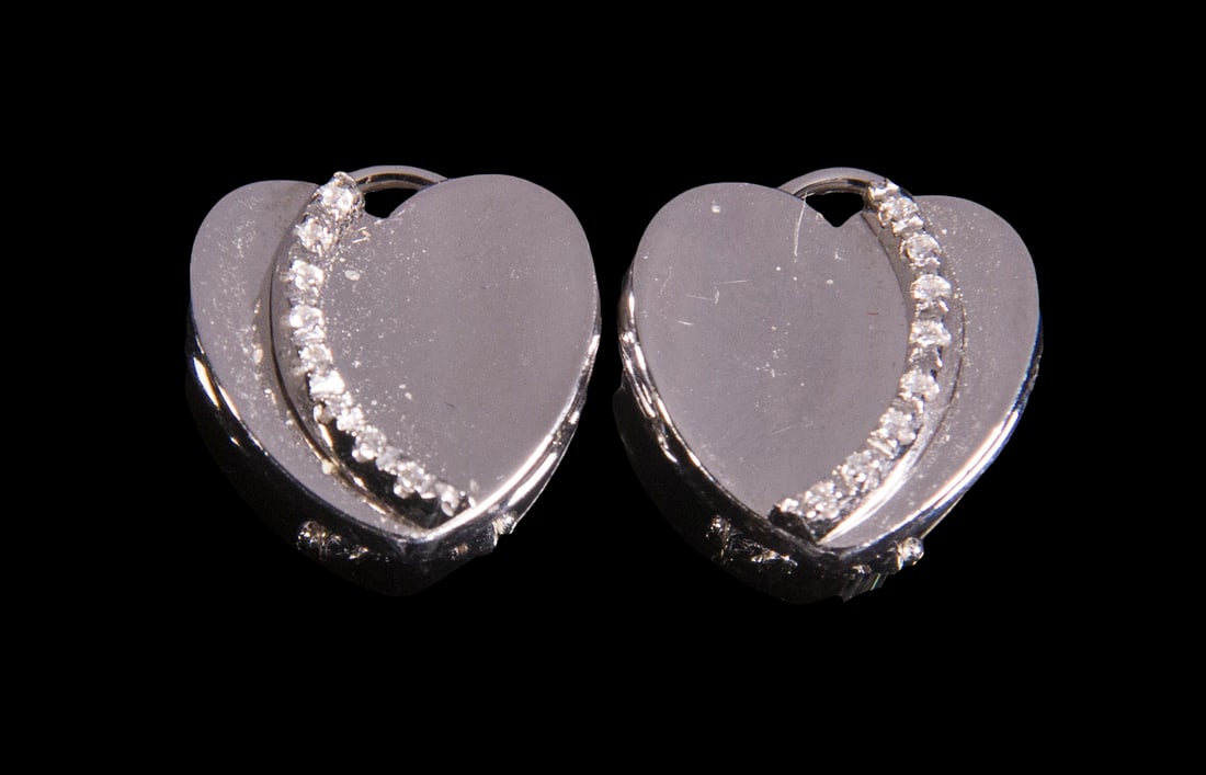 PR GOLD & DIAMOND EARRINGS: Pair of 18K White Gold Heart Shaped Ear Clips, each set with a spray of small diamonds, with omega backs, 1/2" x 1/2", 5.9 dwt tw.